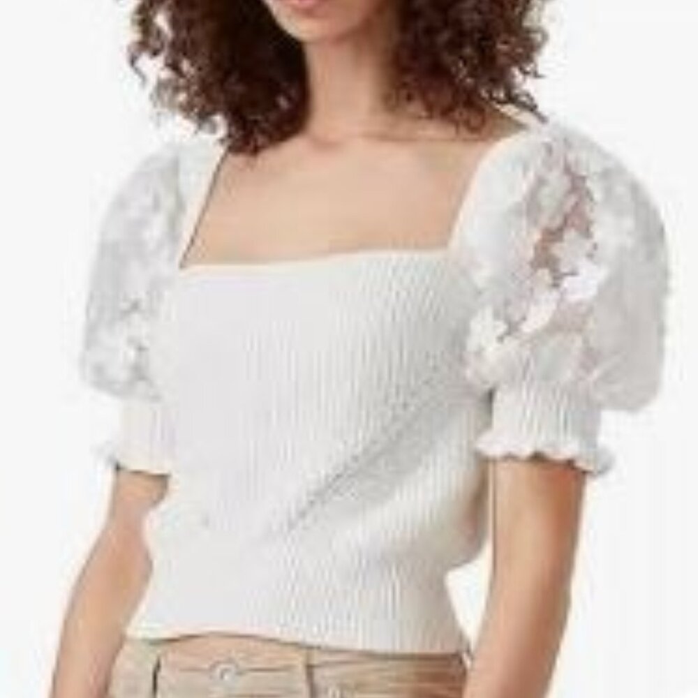 French Connection Smocked Short Blouson Sleeve White Sweater NWT Misses Size XL